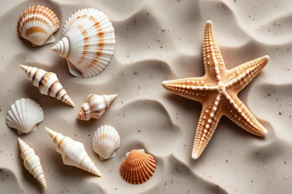 A Group of Shells and Starfish on Sand