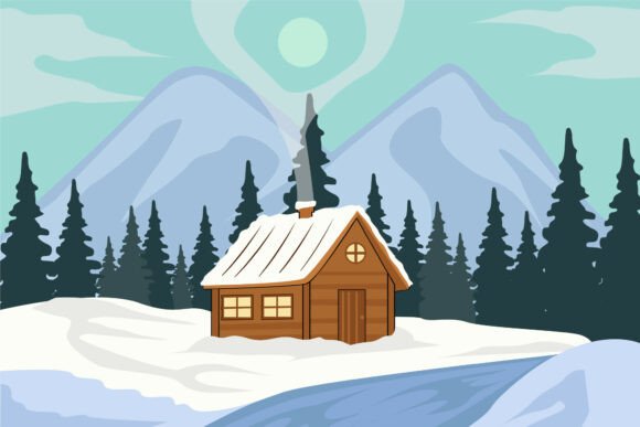 Cabin at Snow Forest Landscaped Vector: A Versatile Design for Creative Projects